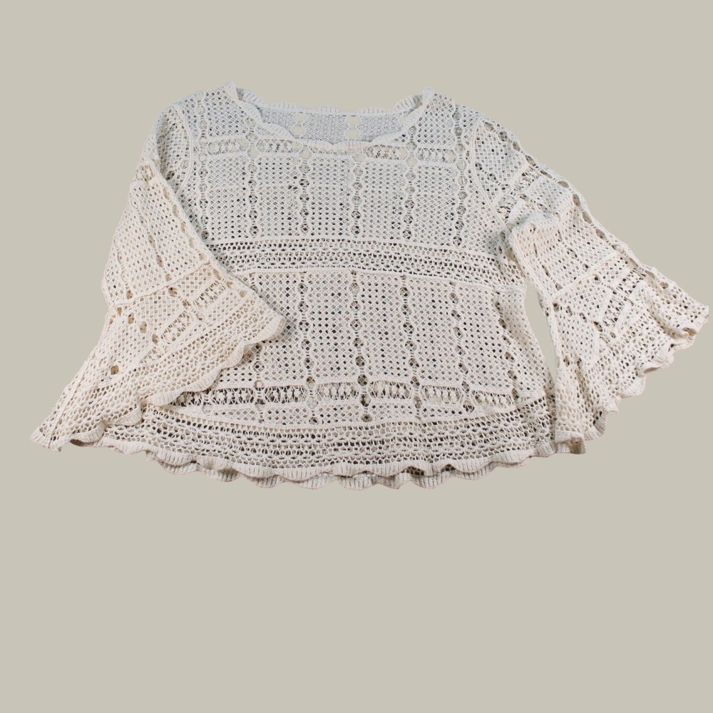 Boho Cream Cotton Crochet Open Knit Bell Sleeve Blouse Top M/L